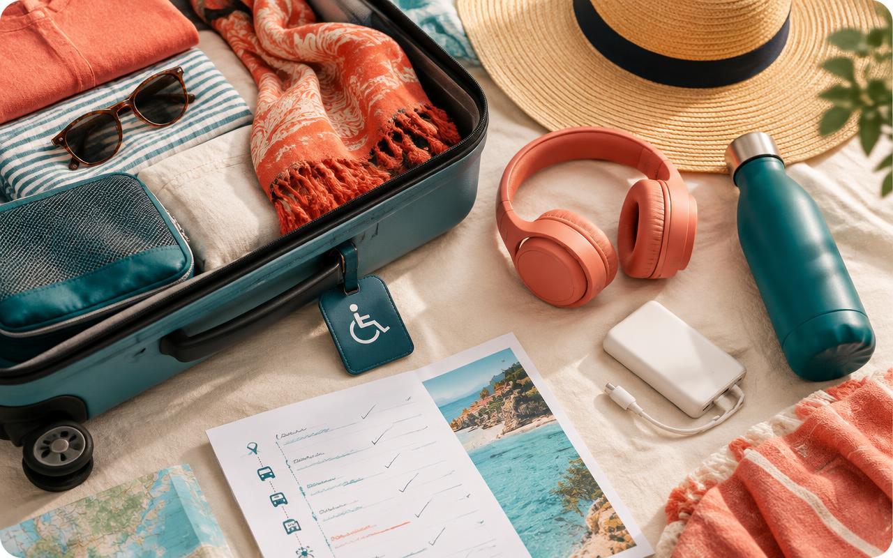 An open suitcase with headphones and practical holiday essentials