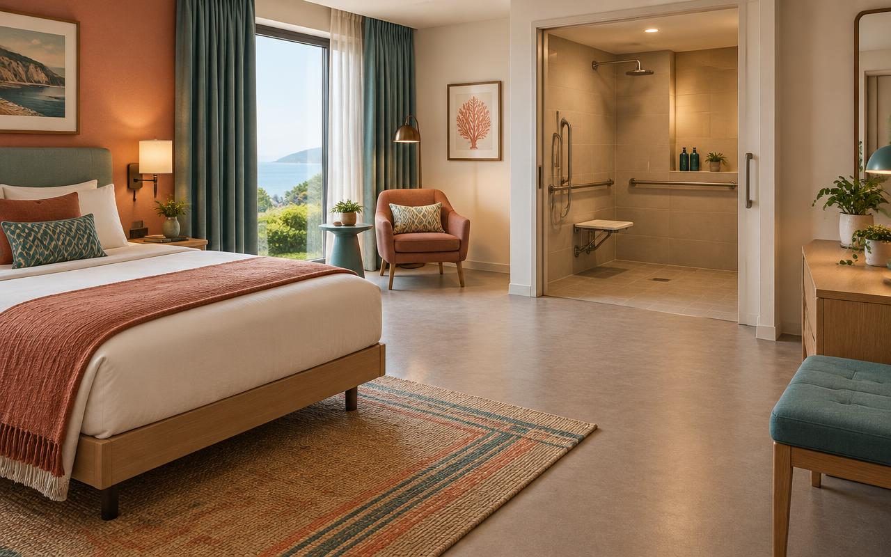 A stylish hotel room with clear floor space and a roll-in shower