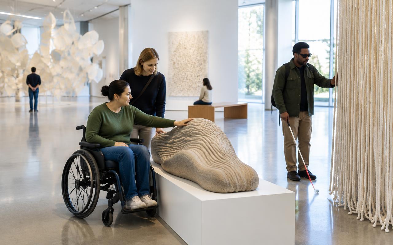 Visitors exploring tactile art in a spacious contemporary gallery