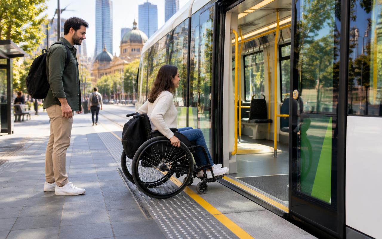 A wheelchair user boarding a low-floor tram from a level platform