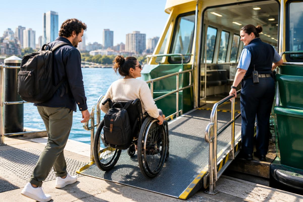 A wheelchair user boarding a Sydney ferry by an accessible level gangway