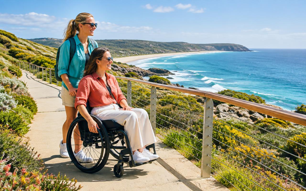 Friends enjoying a step-free coastal lookout in Australia