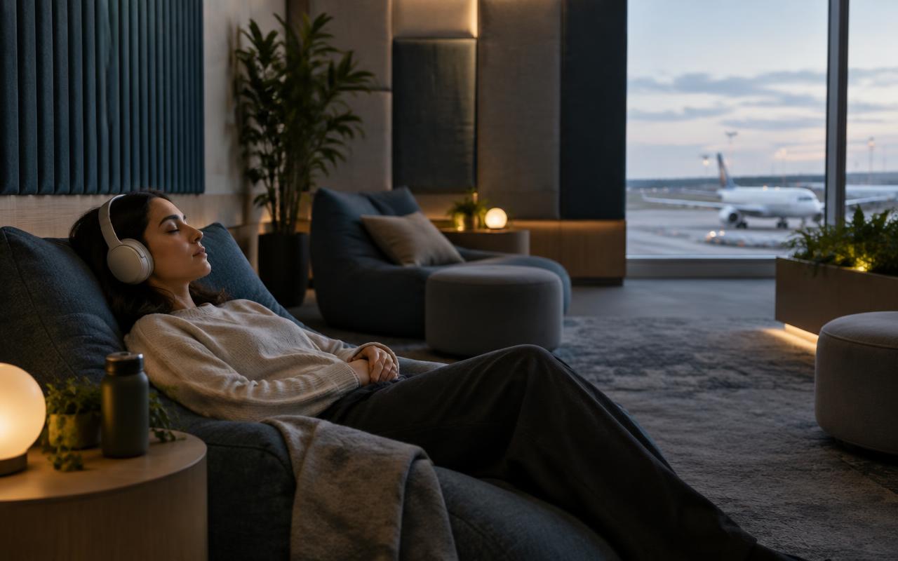 A traveller resting with headphones in a quiet airport room