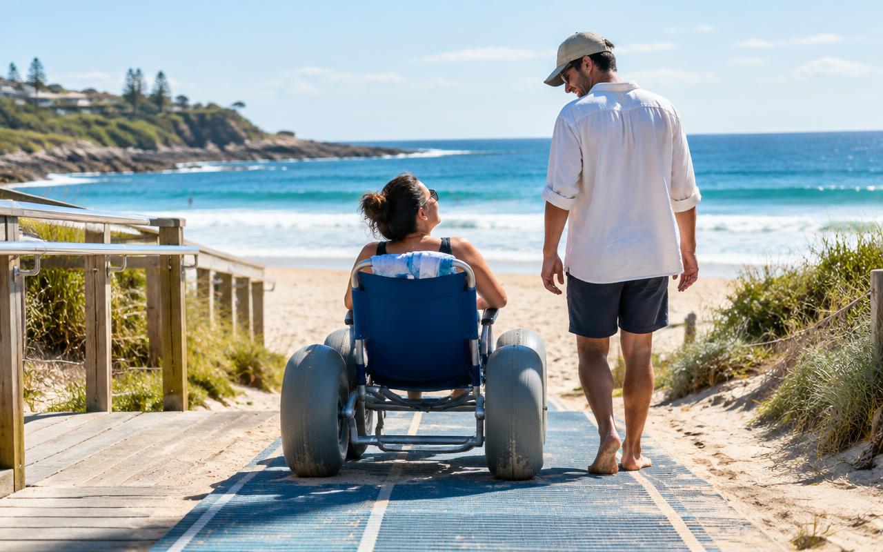A beach wheelchair travelling along access matting towards the ocean