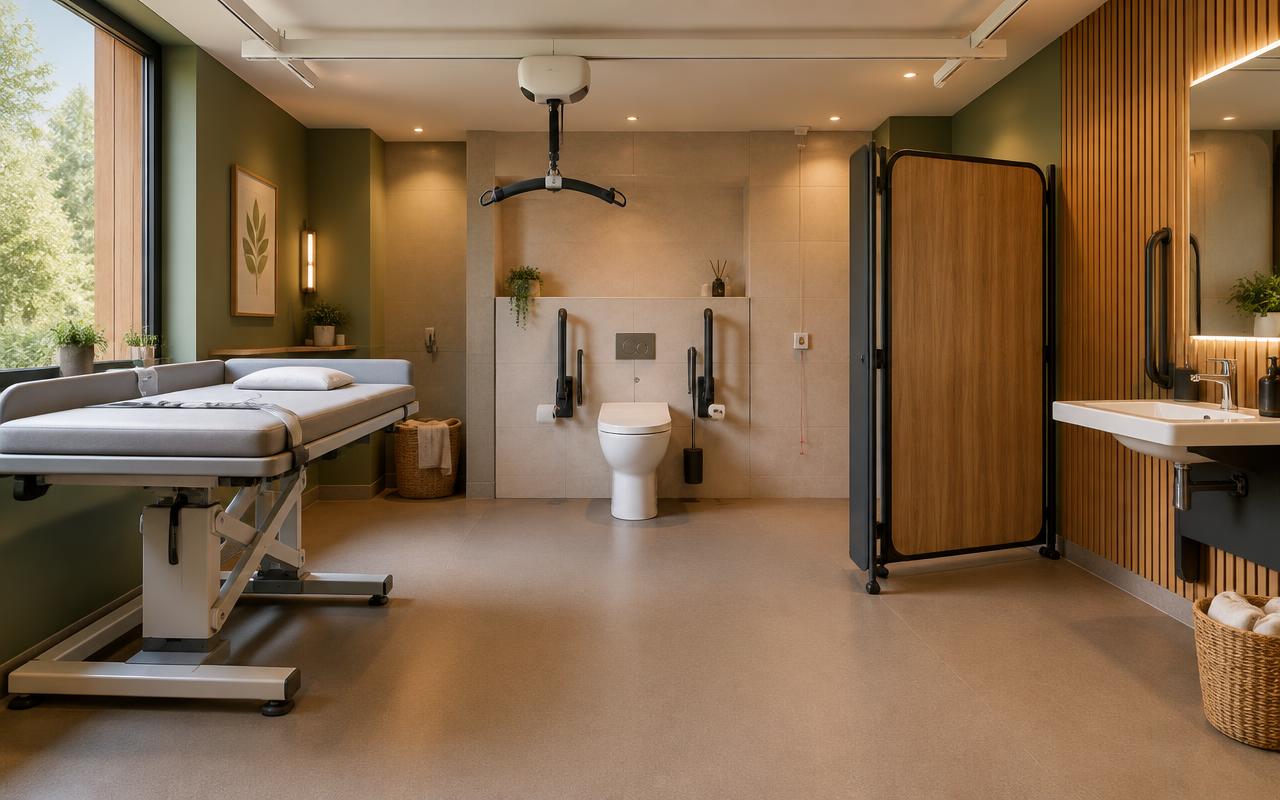 A spacious Changing Places bathroom with a hoist and adult change table