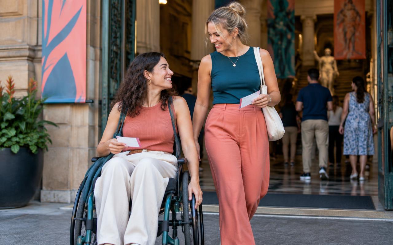 Two friends arriving together at a museum, one using a wheelchair