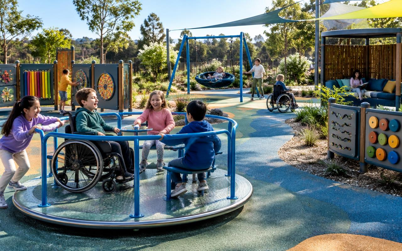 Children playing together in a colourful inclusive playground