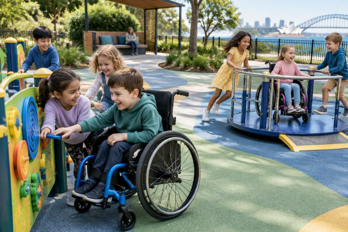 Children with and without disabilities playing together in an inclusive Sydney playground