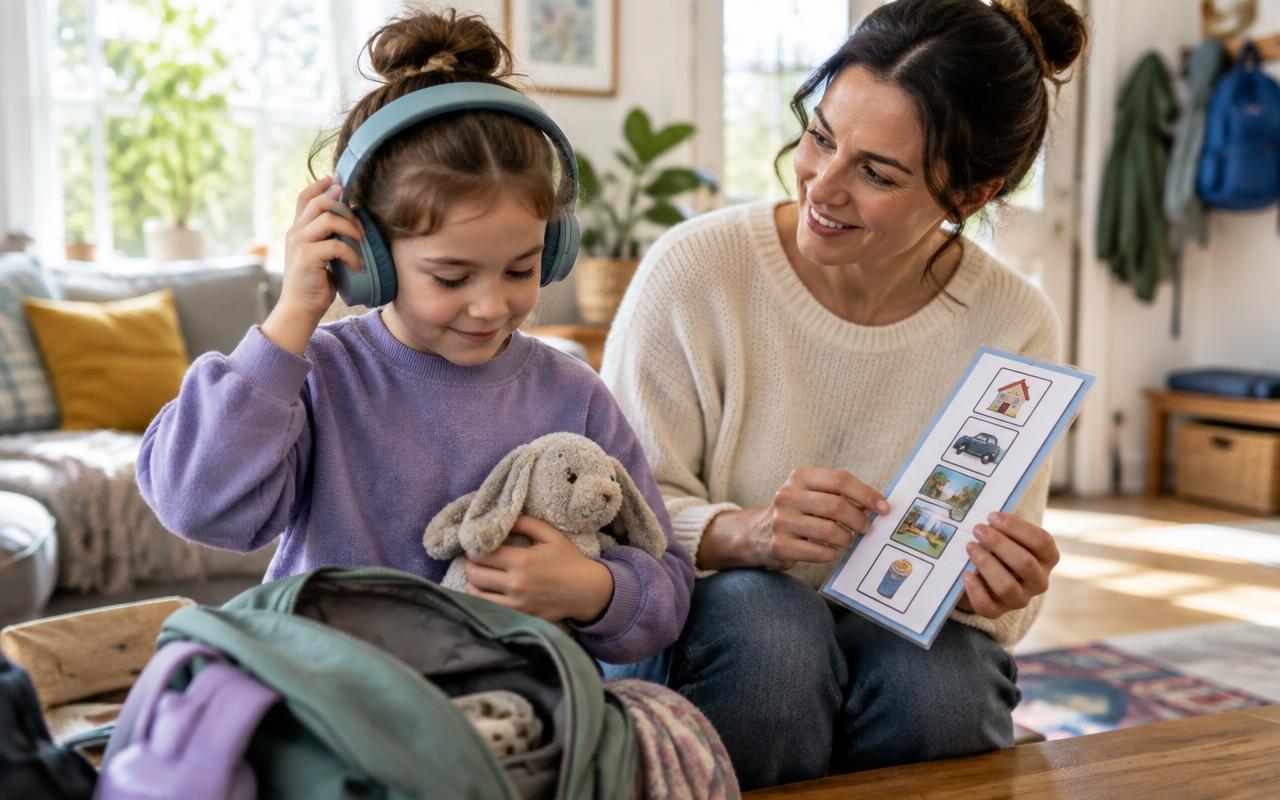 A child choosing headphones while planning a day out with a parent