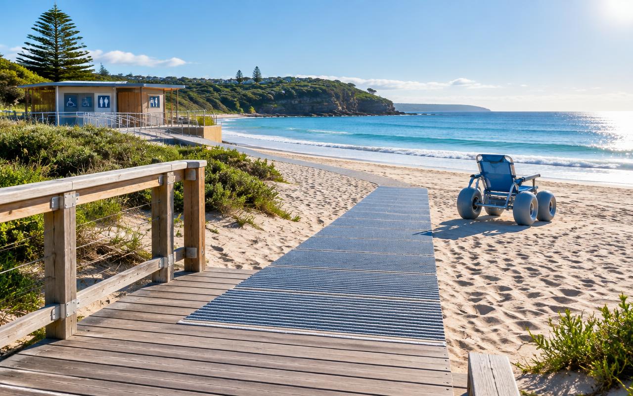 Beach matting and a beach wheelchair beside an Australian shoreline