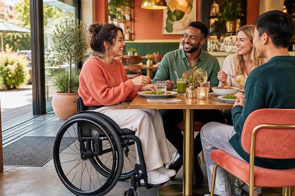 A wheelchair user sharing a meal with friends at a spacious café table