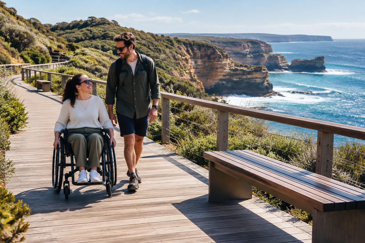 A wheelchair user and companion enjoying a wide coastal boardwalk in New South Wales
